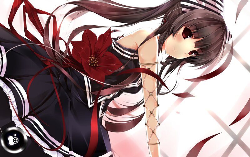 Anime Girl with Red Flower — Black, Dramatic, Ribbon