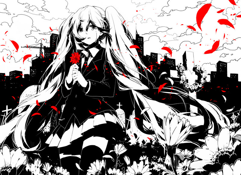 Anime Girl with Red Flower — Black, Dramatic