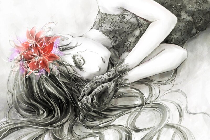 Anime Girl with Red Flower — Black, Dreamy, Digital Art