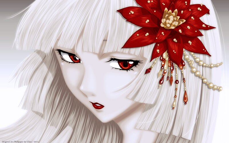 Anime Girl with Red Flower — White