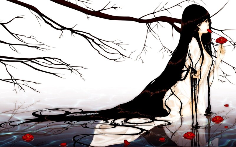 Anime girl with red flowers