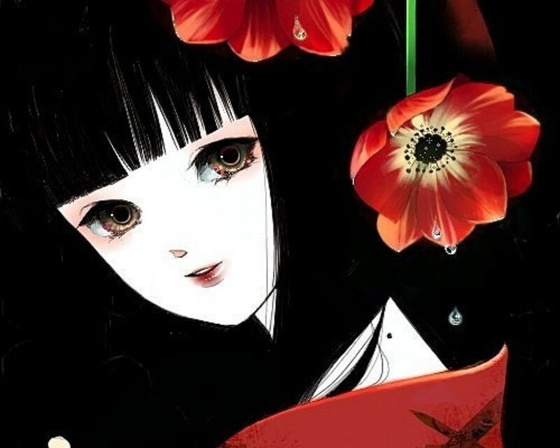 Anime Girl with Red Flowers — Black, Dramatic, Manga