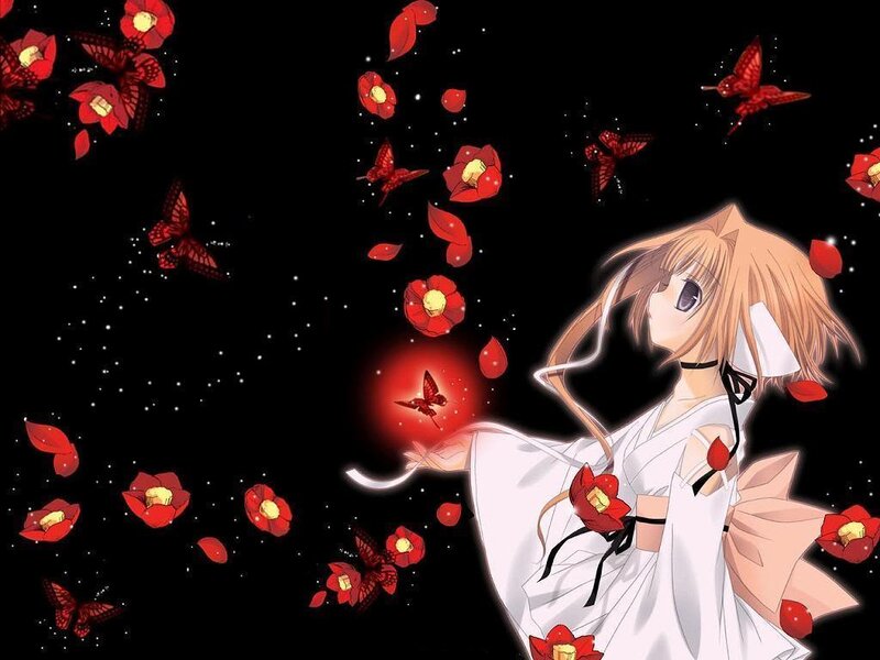 Anime Girl with Red Flowers — Black, Dramatic