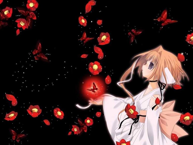 Anime Girl with Red Flowers — Black