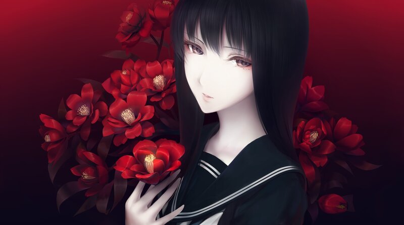 Anime Girl with Red Flowers — Dramatic, Digital Art, School Uniform