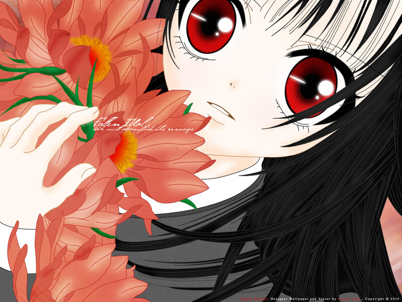 Anime Girl with Red Flowers — Dramatic, Manga