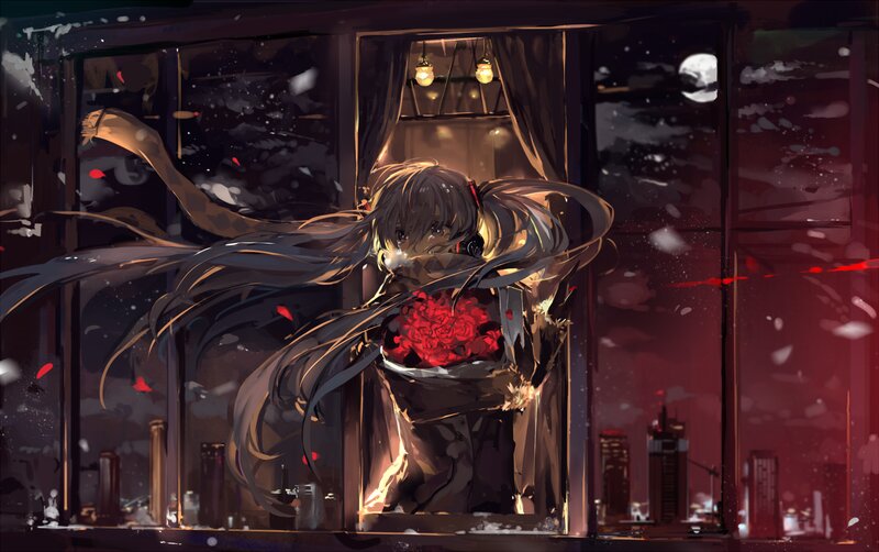 Anime Girl with Red Flowers — Dramatic, Night, Digital Art