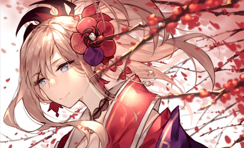 Anime Girl with Red Flowers — Serene, Spring