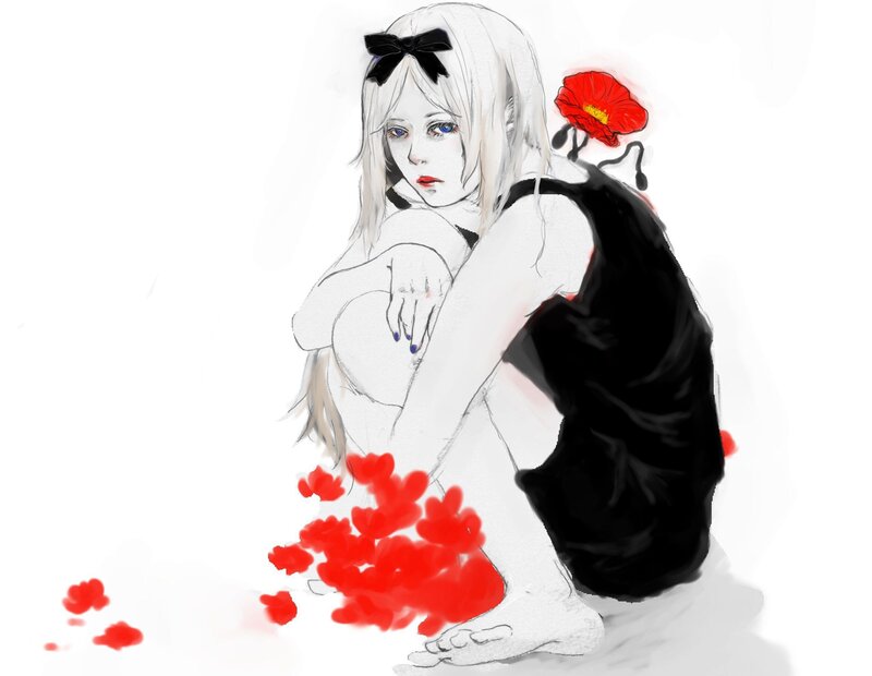 Anime Girl with Red Flowers — White, Dramatic
