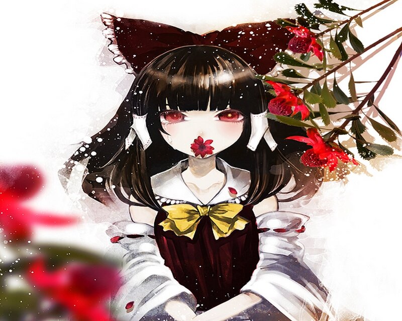 Anime Girl with Red Flowers — White