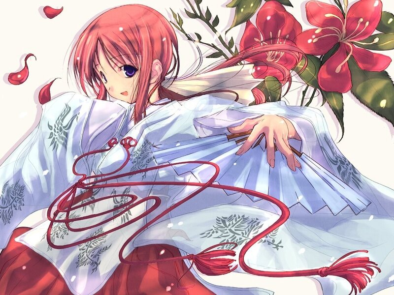 Anime girl with red hair and fan