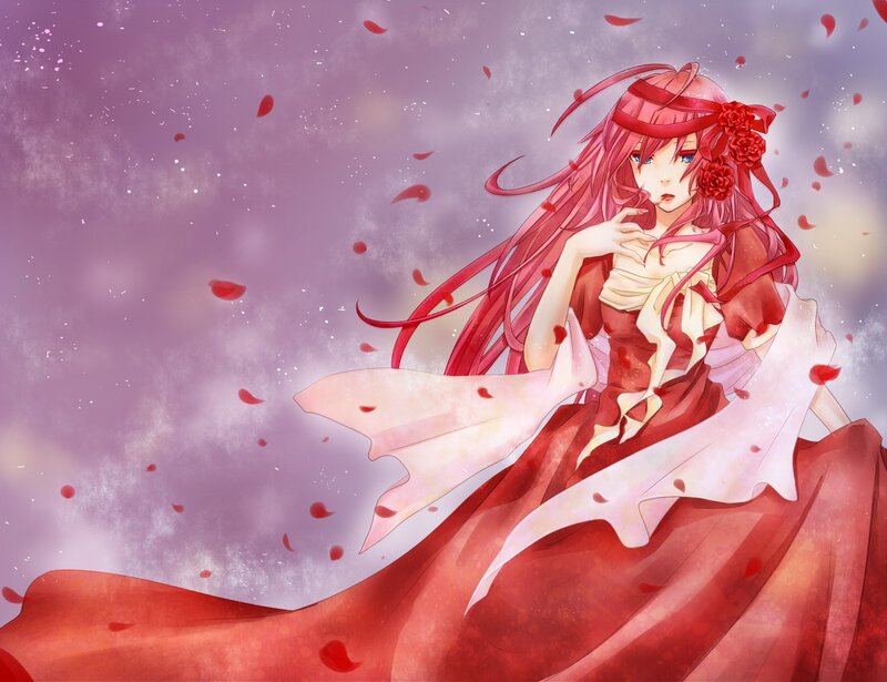 Anime girl with red hair and petals