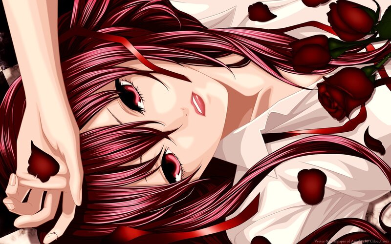 Anime girl with red hair and roses