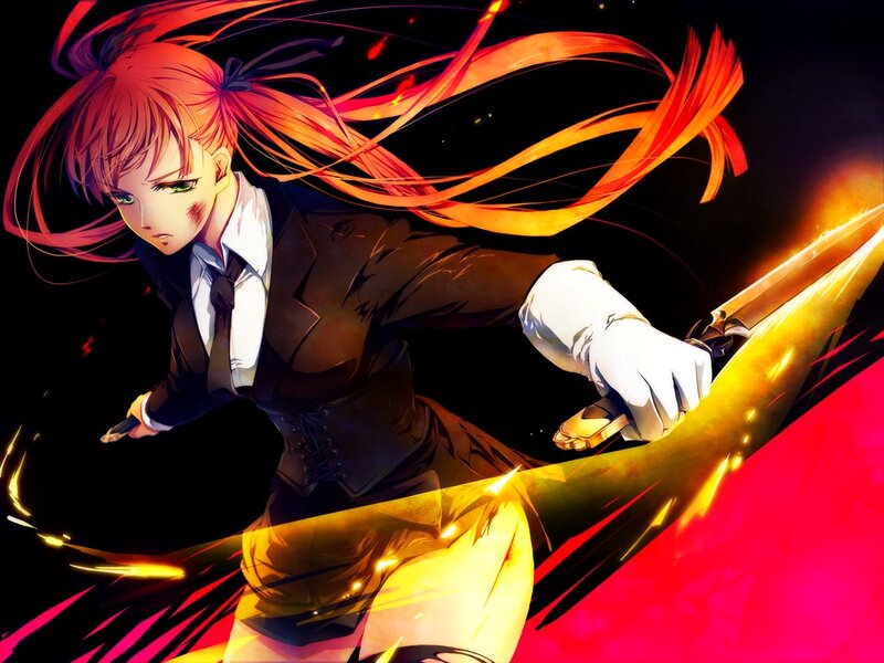 Anime Girl with Red Hair — Black, Dramatic, Sword