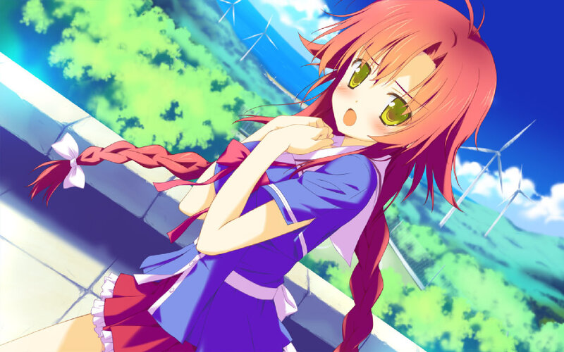 Anime Girl with Red Hair — Blue, Bright, Cheerful