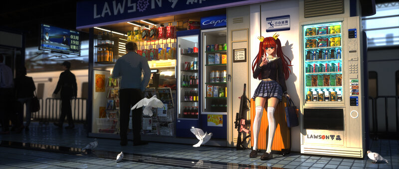 Anime Girl with Red Hair — Blue, Dramatic, Night, Digital Art