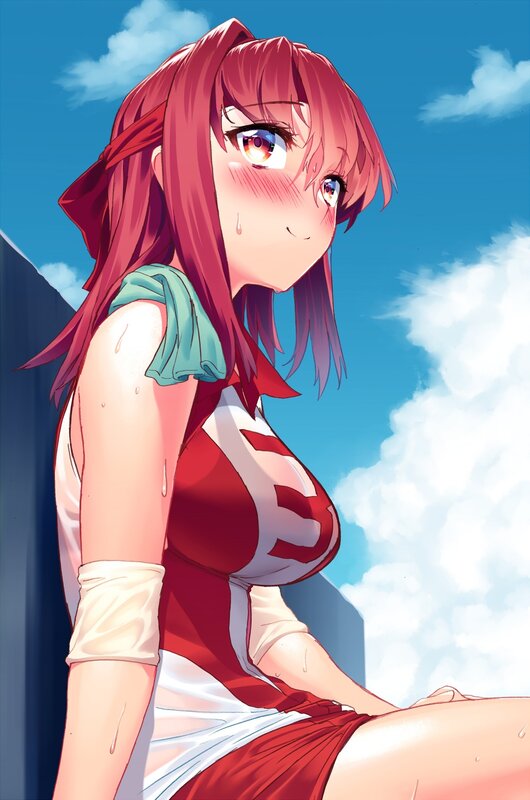 Anime Girl with Red Hair — Bright, Afternoon, Sky