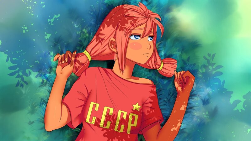 Anime Girl with Red Hair — Calm, Digital Art, T-shirt, Hair Buns