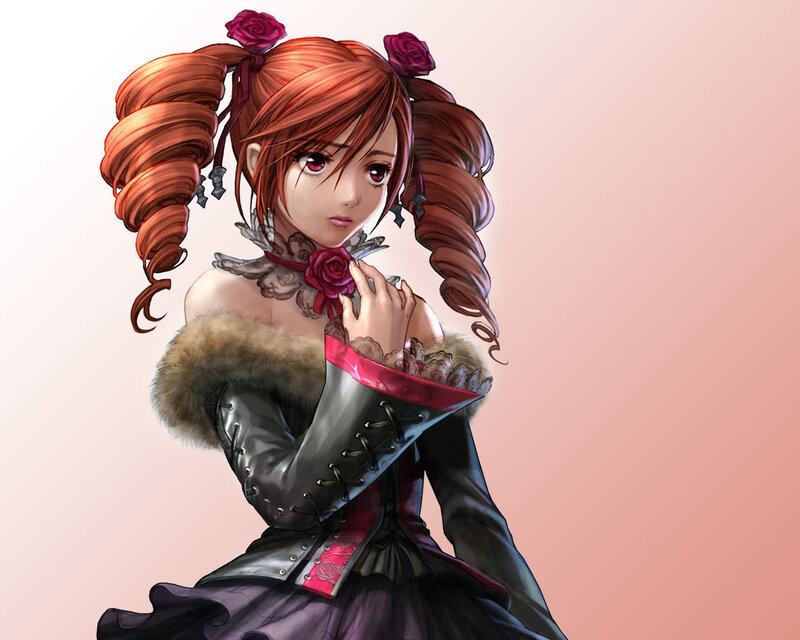 Anime Girl with Red Hair — Dramatic, Digital Art, Roses
