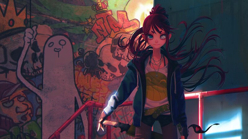 Anime Girl with Red Hair — Dramatic, Night, Digital Art, Graffiti Wall