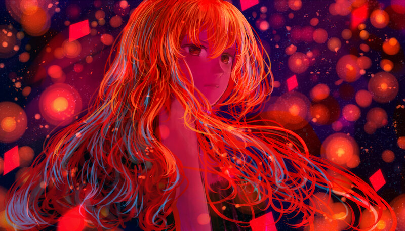 Anime Girl with Red Hair — Dramatic, Night, Digital Art, Lights