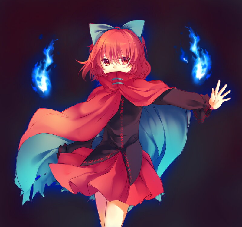 Anime Girl with Red Hair — Dramatic, Night, Fire