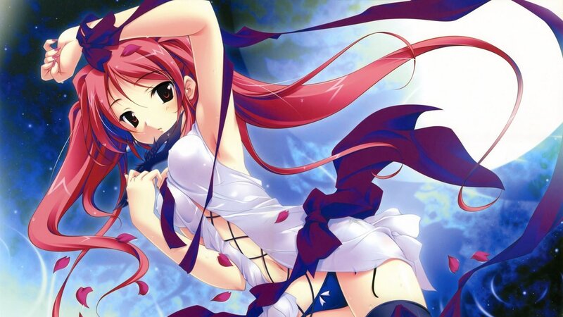 Anime Girl with Red Hair — Dramatic, Night, Long Hair, Ribbon