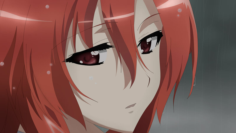 Anime Girl with Red Hair — Dramatic, Rain