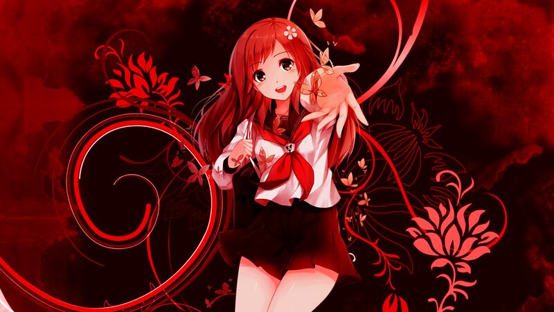 Anime Girl with Red Hair — Dramatic, School Uniform, Flowers