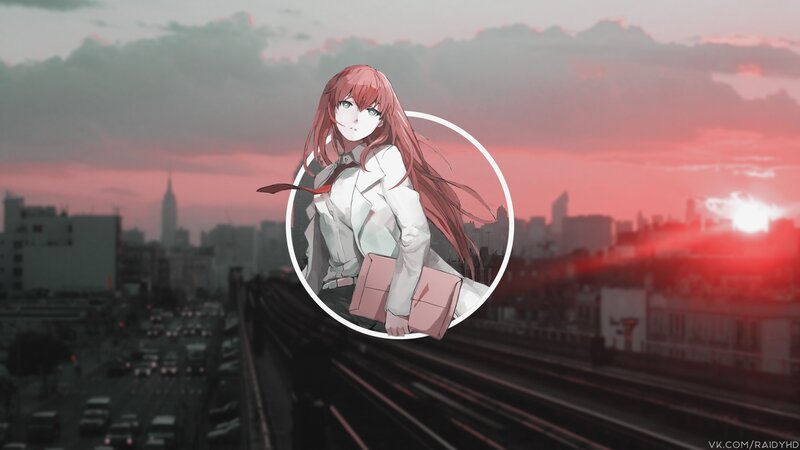 Anime Girl with Red Hair — Dramatic, Sunset, Cityscape