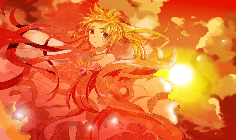 Anime Girl with Red Hair — Dramatic, Sunset, Sun