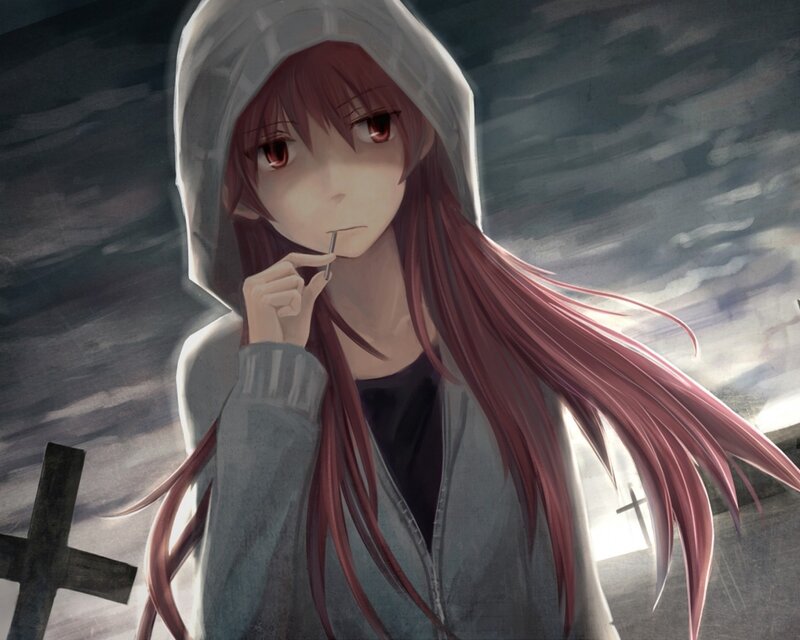 Anime Girl with Red Hair — Gray, Dramatic