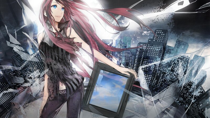 anime girl with red hair in city