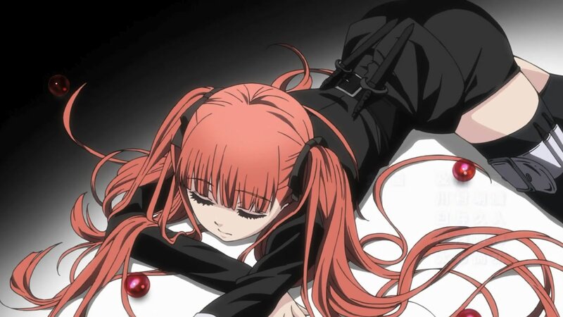 anime girl with red hair lying down