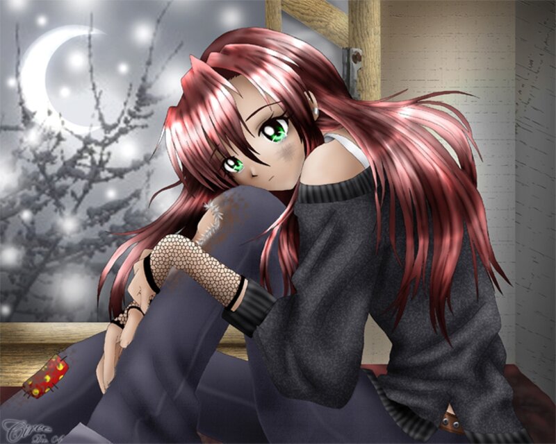 Anime Girl with Red Hair — Melancholic, Night
