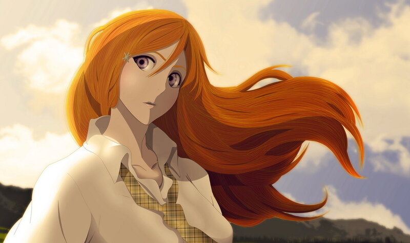 Anime Girl with Red Hair — Orange, Serene, Afternoon