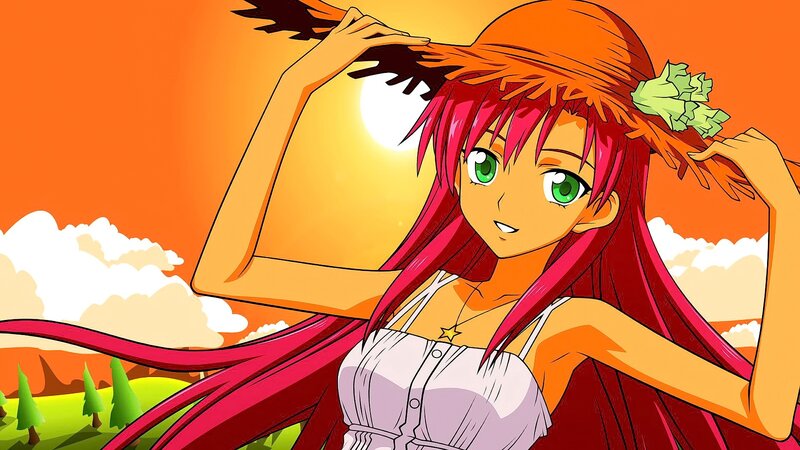 Anime Girl with Red Hair — Orange, Serene, Sunset