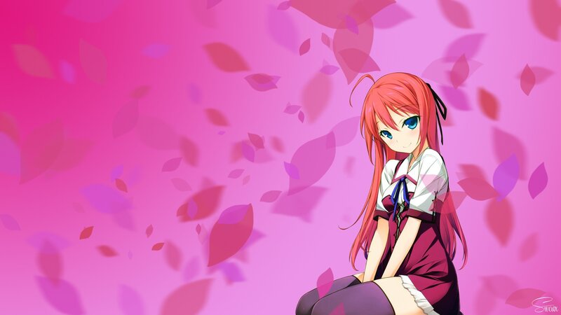 Anime Girl with Red Hair — Pink, Calm, Spring, Falling Leaves