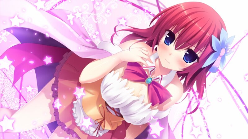 Anime Girl with Red Hair — Pink, Dreamy, Blue Flower