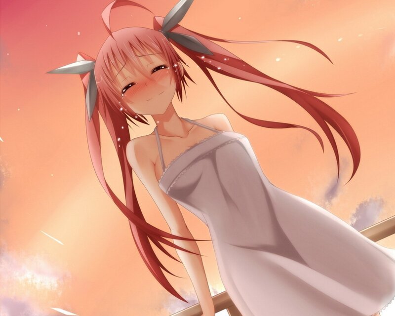 Anime Girl with Red Hair — Pink, Serene, Sunset