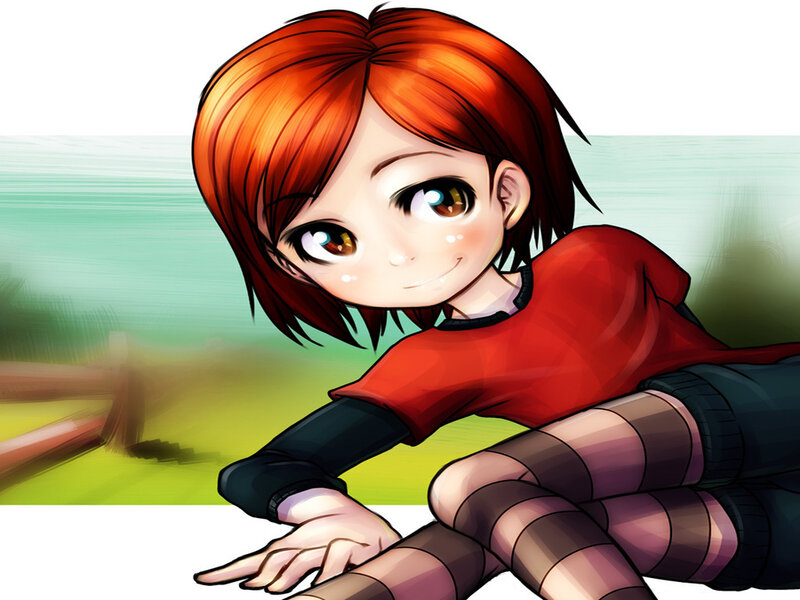 Anime Girl with Red Hair — Playful, Afternoon