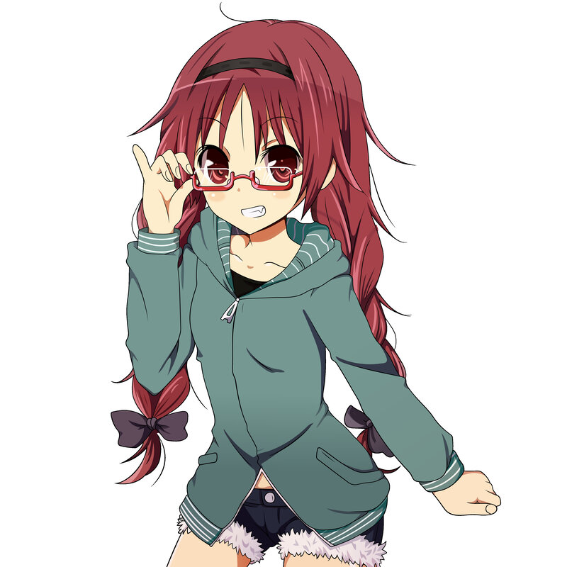 Anime Girl with Red Hair — Playful, Glasses, Hoodie, Braids