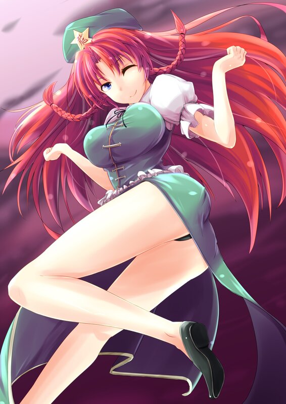 Anime Girl with Red Hair — Playful, Long Hair, Green Hat