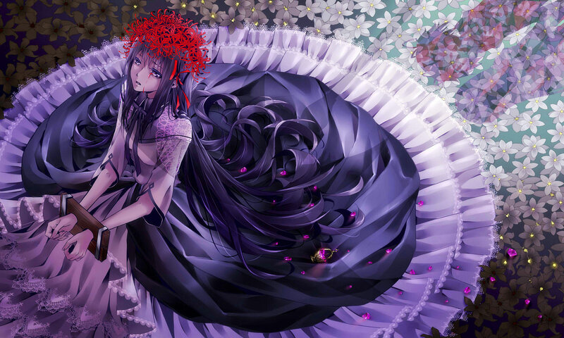Anime Girl with Red Hair — Purple, Dramatic, Digital Art, Flowers