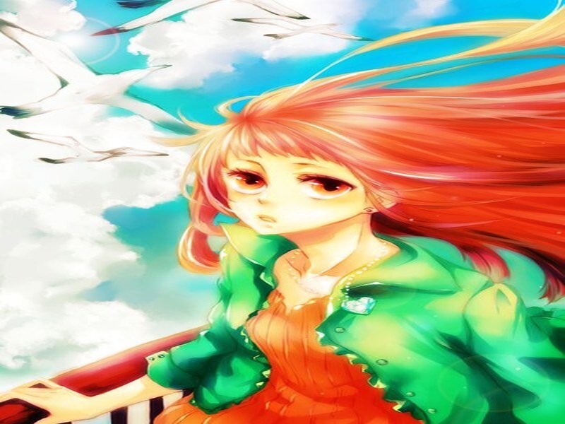 Anime Girl with Red Hair — Serene, Afternoon, Birds