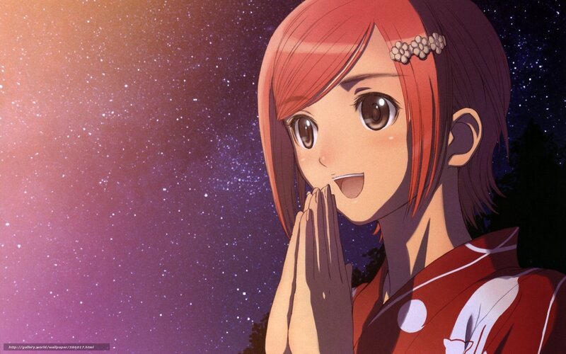 Anime Girl with Red Hair — Serene, Night, Starry Sky