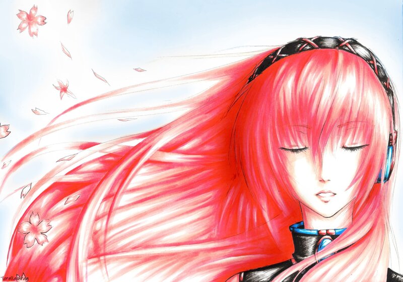 Anime Girl with Red Hair — Serene, Spring, Digital Art, Cherry Blossoms, Wind