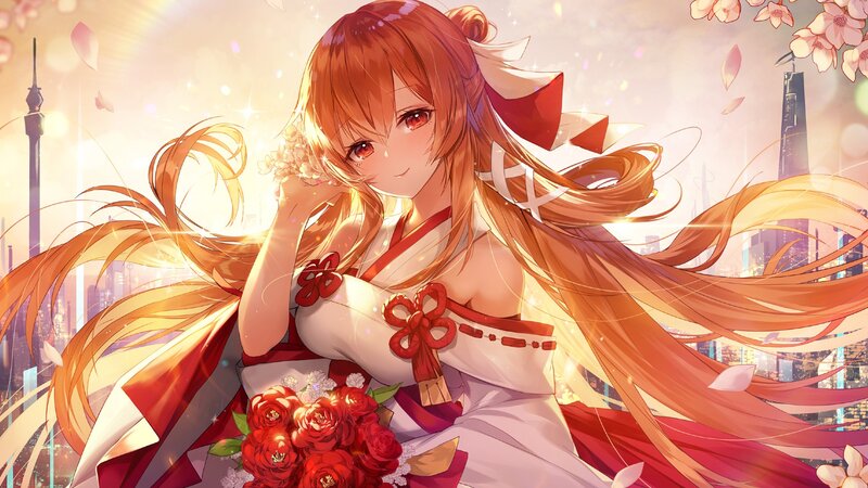 Anime Girl with Red Hair — Serene, Sunset, Digital Art