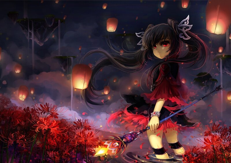 Anime girl with red lanterns