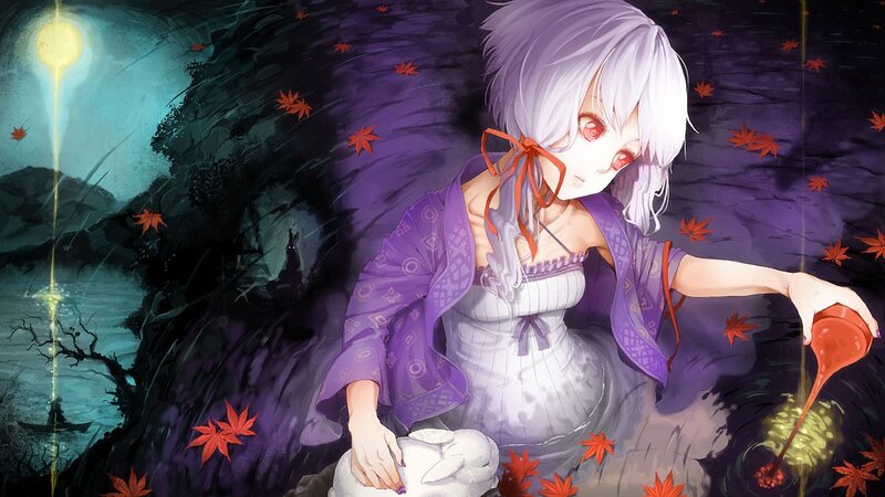 Anime girl with red maple leaves